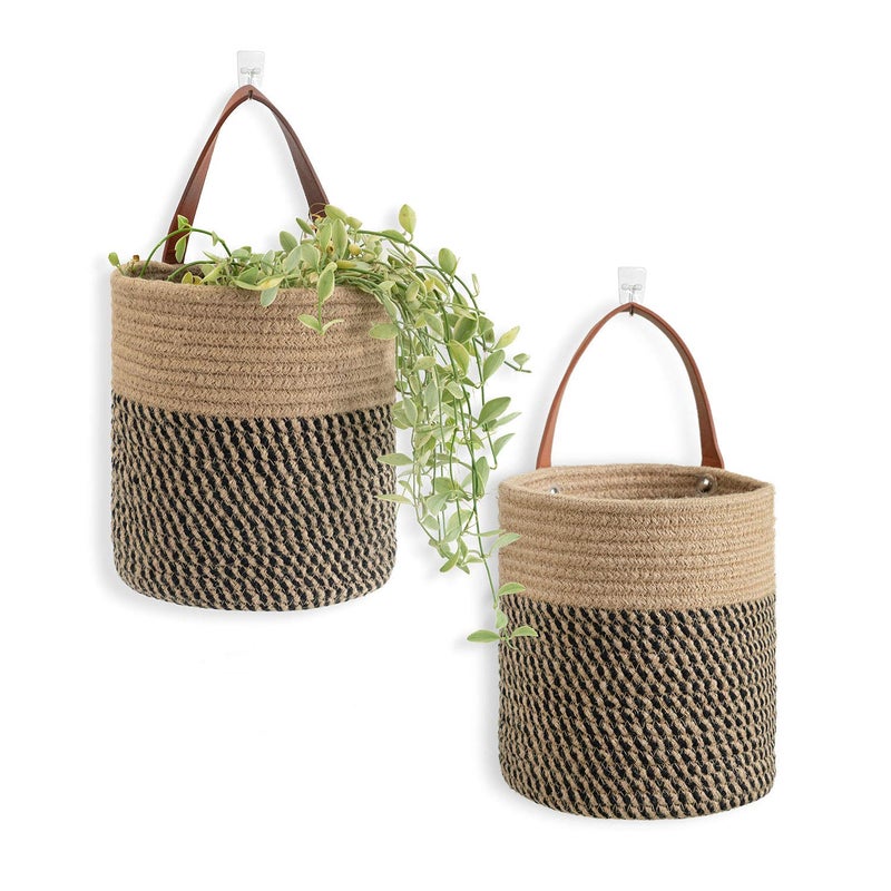 Goodpick 2pack Jute Rope Hanging Basket - 7.87" x 7" Small Woven Fern Wall Hanging Basket Flower Plants, Woven Storage, Black and Jute - Image 1
